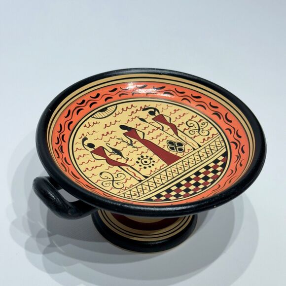 Vintage Hand Made Savas Ceramics Rhodes Small Pedestal Bowl Greek Figures (A9) - Picture 6 of 16